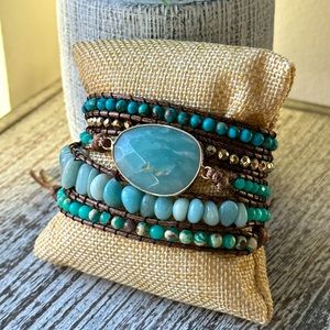 Crystal and Bead Boho Wrap Bracelet (Aquamarine)